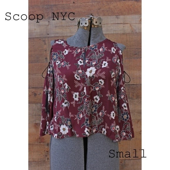 Scoop NY Burgundy Floral Cold Shoulder Blouse Small NWOT NEW - Picture 4 of 11